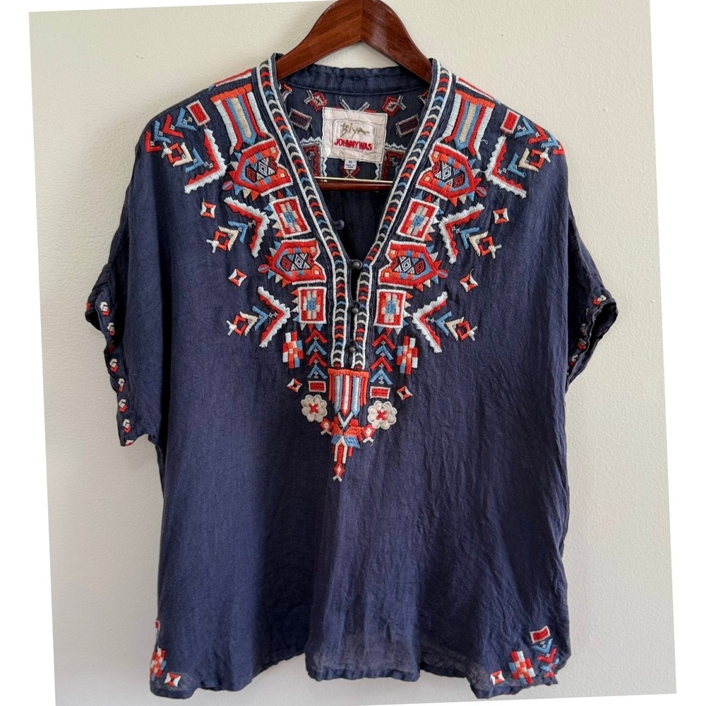 Johnny Was Biya Women's Embroidered Navy Blue‎ Short Sleeve Tunic Size XS